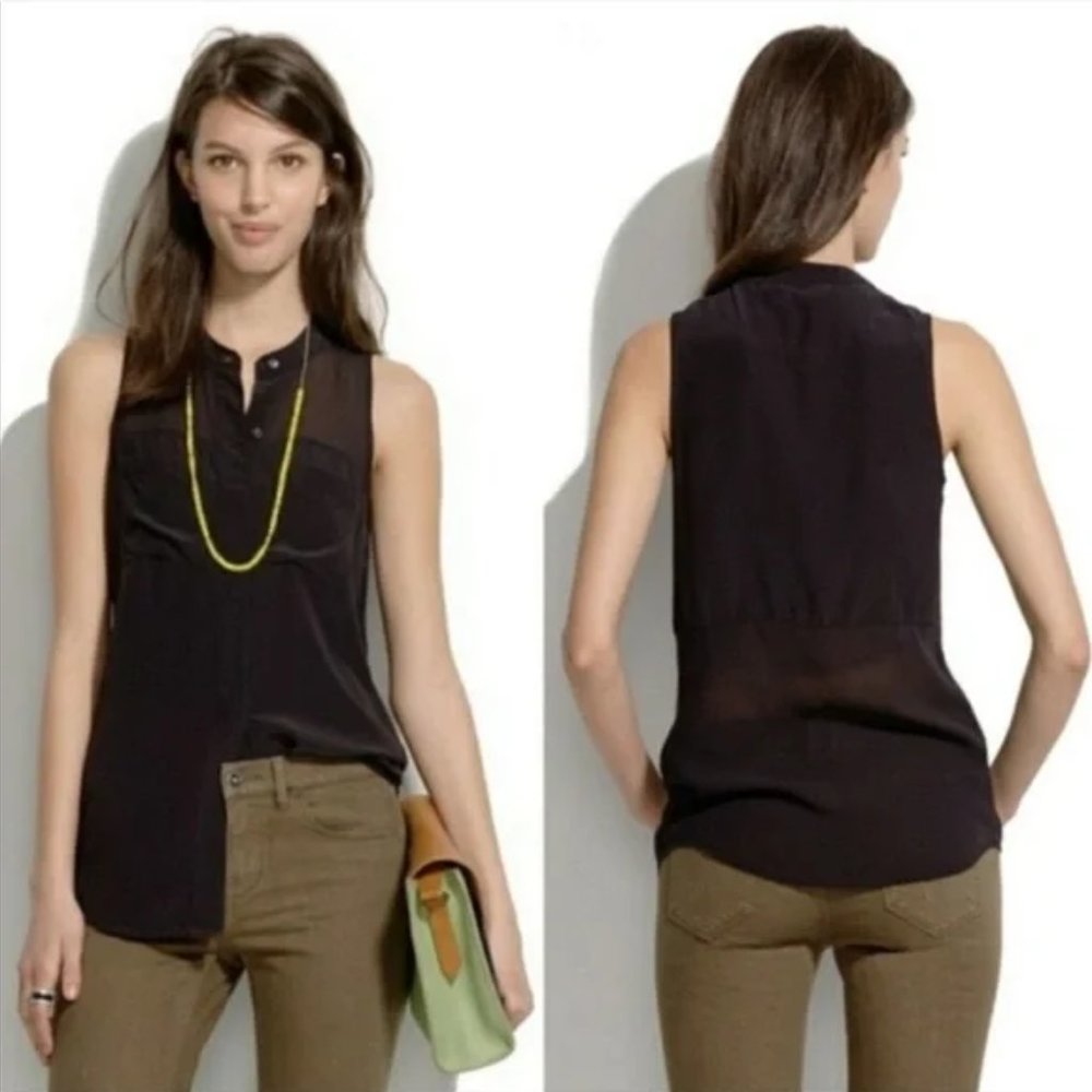 Women’s Madewell Black Silk Cargo Button Down Pocket Tank Top Size Small